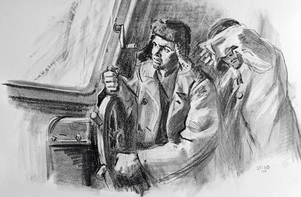 Рисунок изображающий дрейф экипажа баржи в Тихом океане