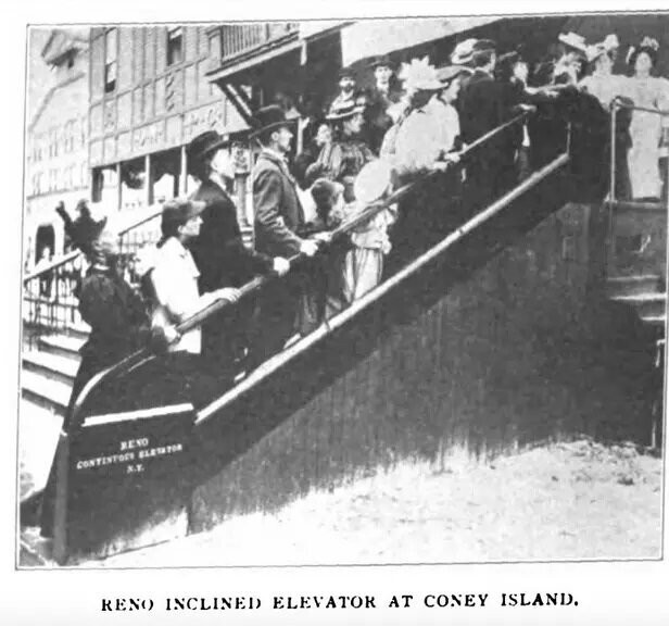 Первый эскалатор Джесси Рено Кони-Айленд 1894 год без ступеней конвейер