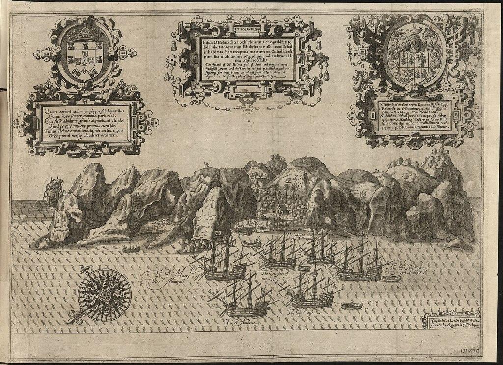 Вид острова Святой Елены с моря, европейская гравюра XVII века