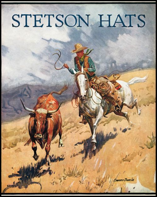 Винтажная рекламная иллюстрация шляп Stetson &mdash; ковбой поит лошадь из шляпы