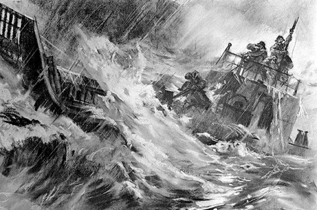 Рисунок небольшого судна во время сильного шторма