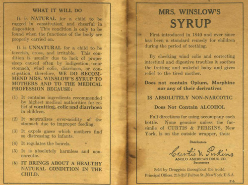 Страница рецептурной книги с описанием сиропа миссис Уинслоу как не содержащего наркотиков