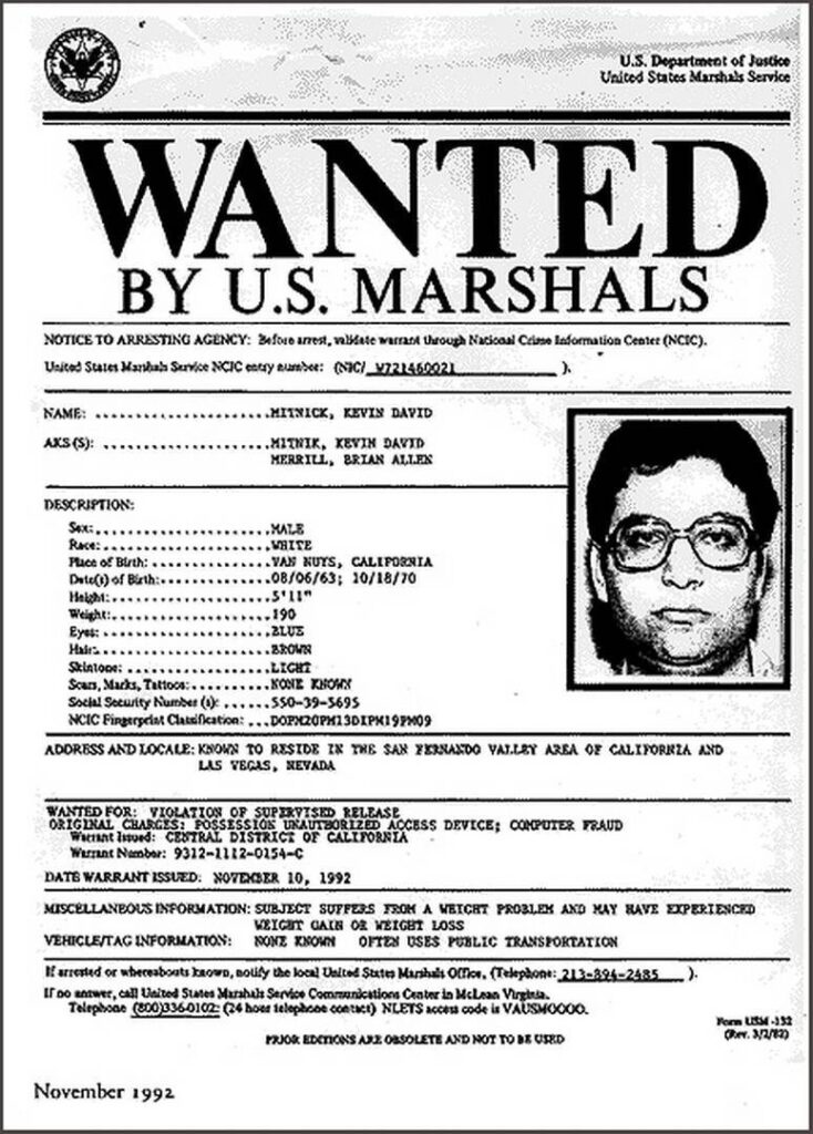 Плакат разыскивается Kevin Mitnick маршалами США 1992 год