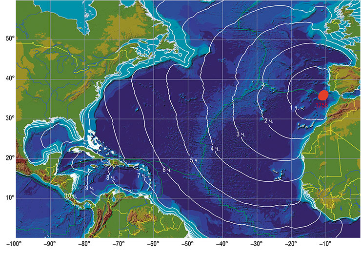 Карта распространения цунами после Лиссабонского землетрясения
