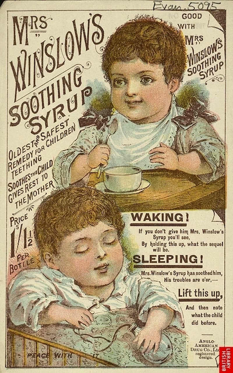 Рекламная карточка сиропа миссис Уинслоу с текстом об облегчении прорезывания зубов, 1880-е