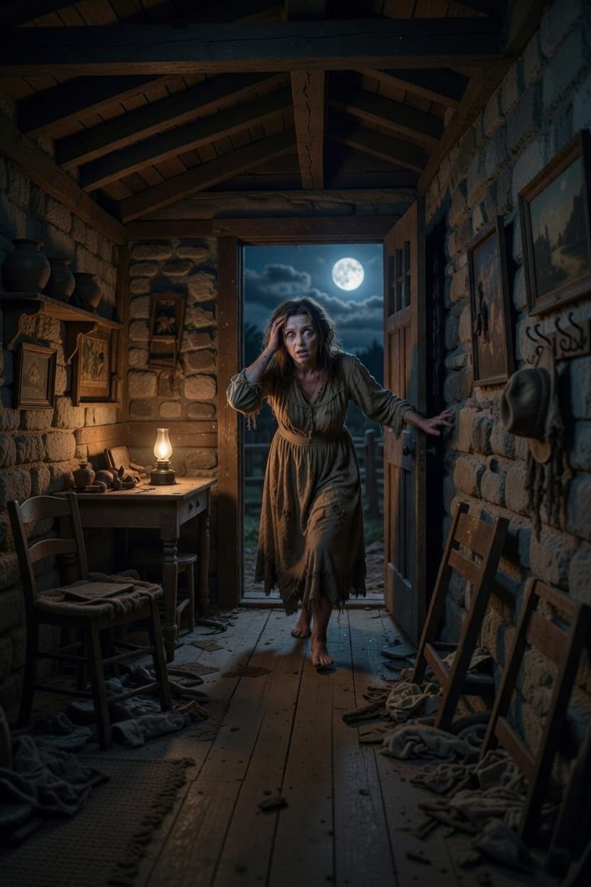 Женщина в белом платье и чепце, с растрепанными волосами и безумным взглядом заходит в дверь дома