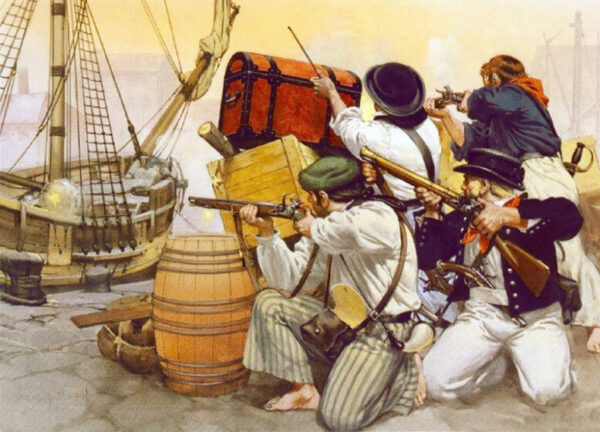 Пираты стреляют из-за барикады из сундуков и бочек