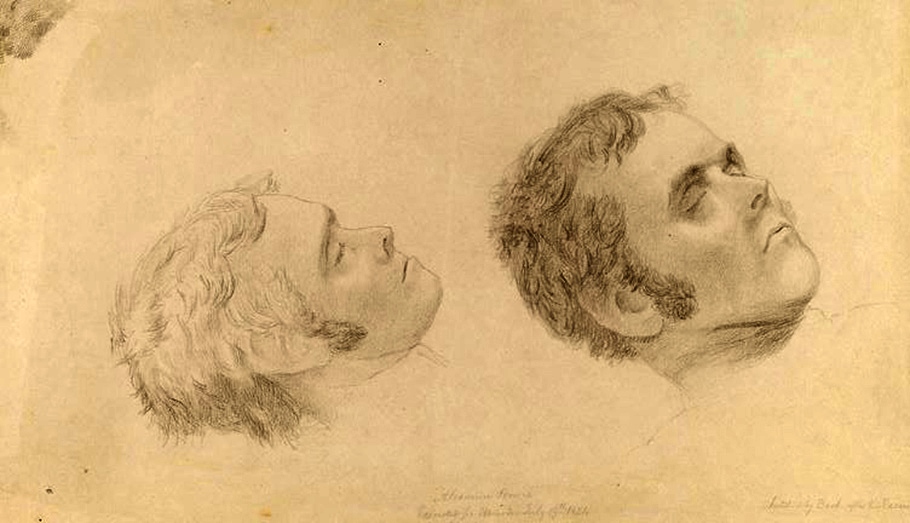 Рисованный портрет Александра Пирса: худое лицо с тяжелым взглядом, одет в тюремную робу