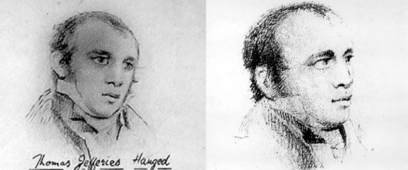 Два карандашных портрета Томаса Джеффриса в профиль и анфас, сделанные прямо в зале суда