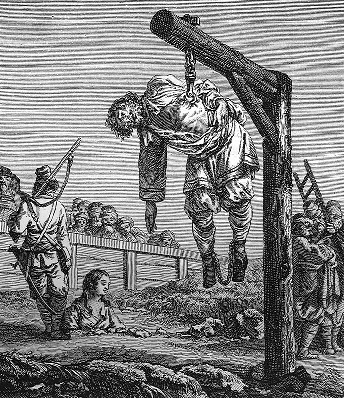 Старинная гравюра с изображением казни: закапывание в землю и подвешивание за ребро