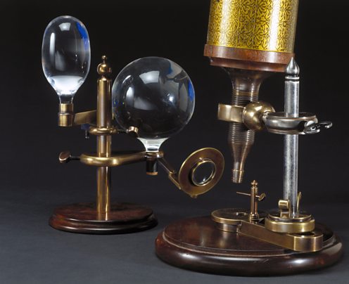 Один из первых составных микроскопов конца XVI века с деревянной подставкой и линзами