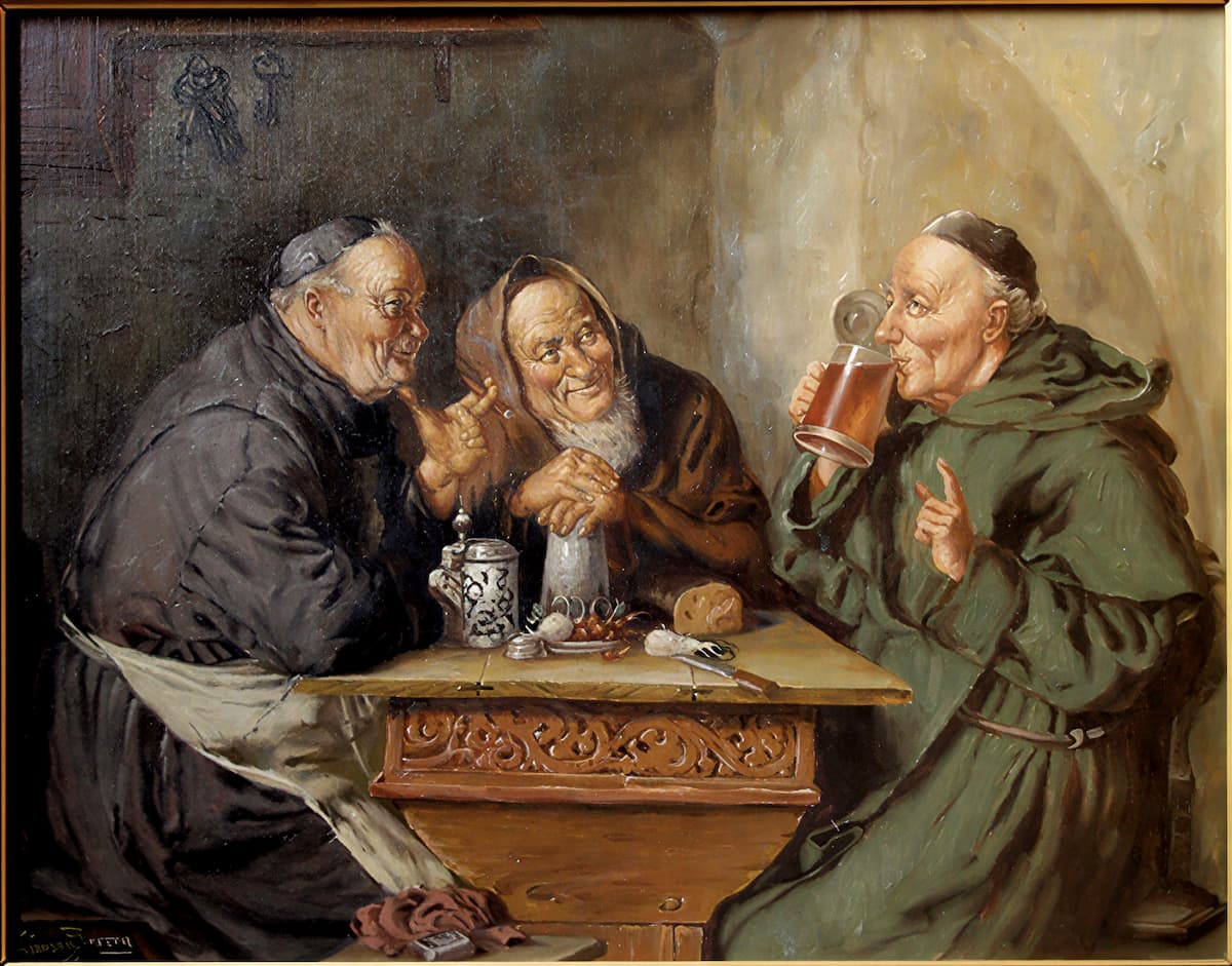 Монахи за трапезой пьют пиво средневековый монастырь быт