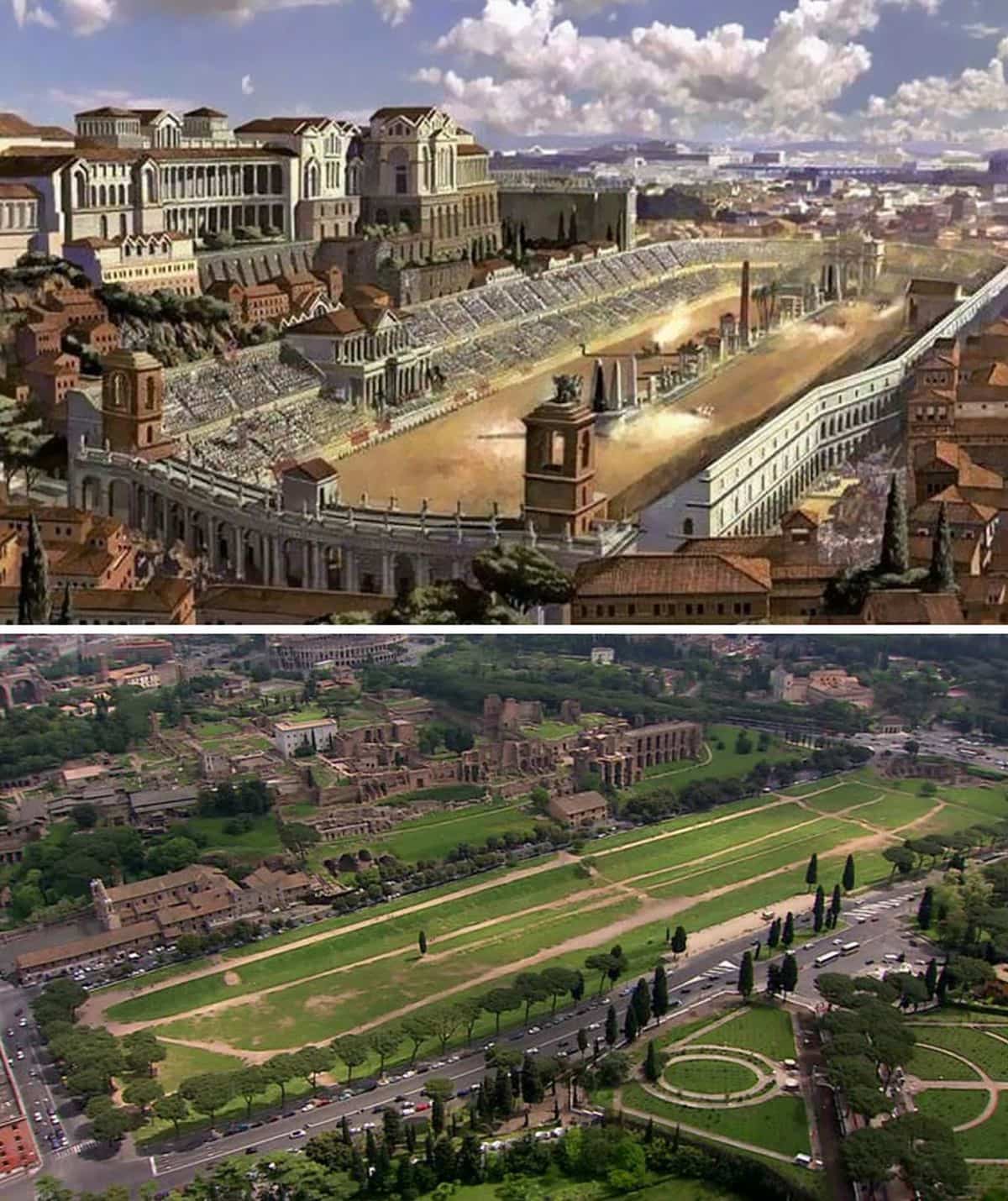 Фотография Большого цирка (Circus Maximus) в Древнем Риме и его руин в наши дни