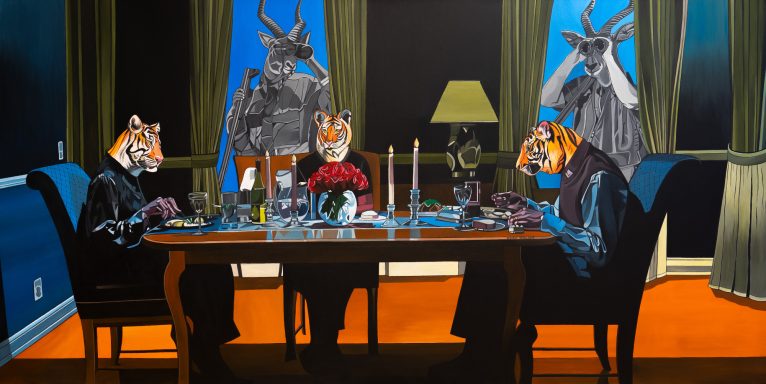 Картина Деборы Сенгль — персонажи с головами животных на совещании