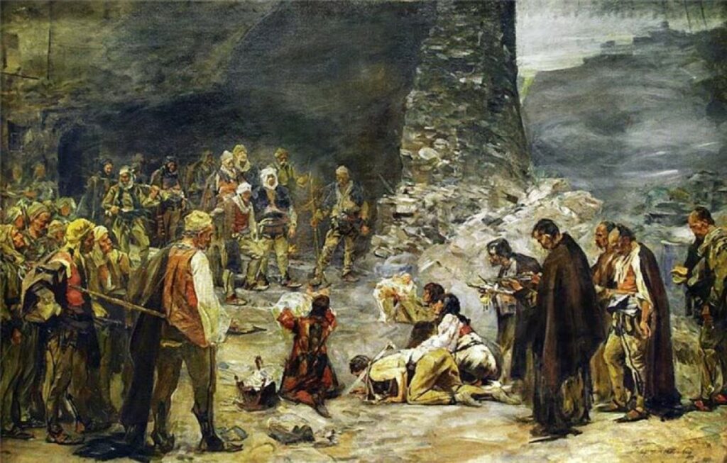 &laquo;Утихомиривание крови&raquo;, сербский художник Пая Йованович, 1889 год. Обряд примирения имел схожие черты у многих балканских и кавказских народов
