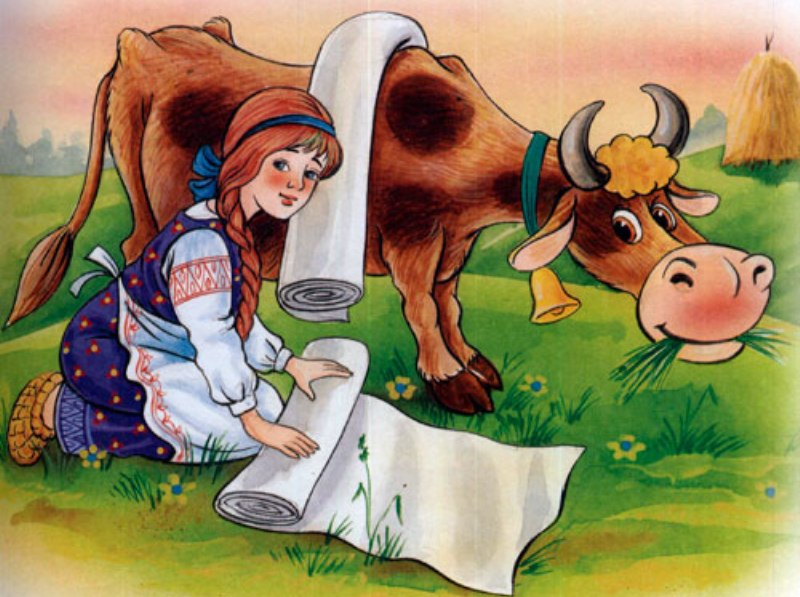 Рисунок Крошечки-Хаврошечки с девушкой, помогающей корове ткать холст