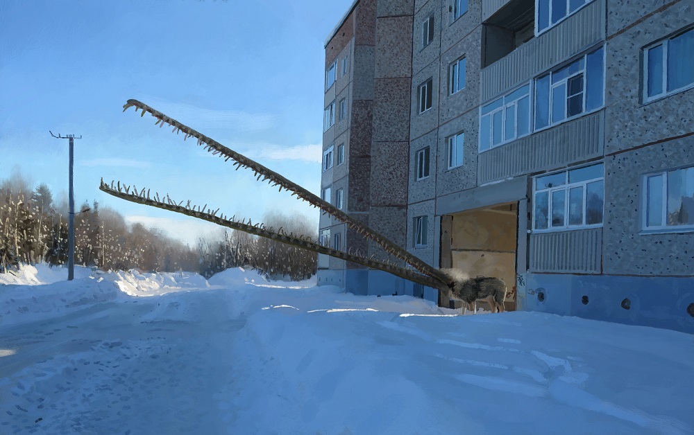 Зубастое существо прячется в тенях двора между хрущёвками