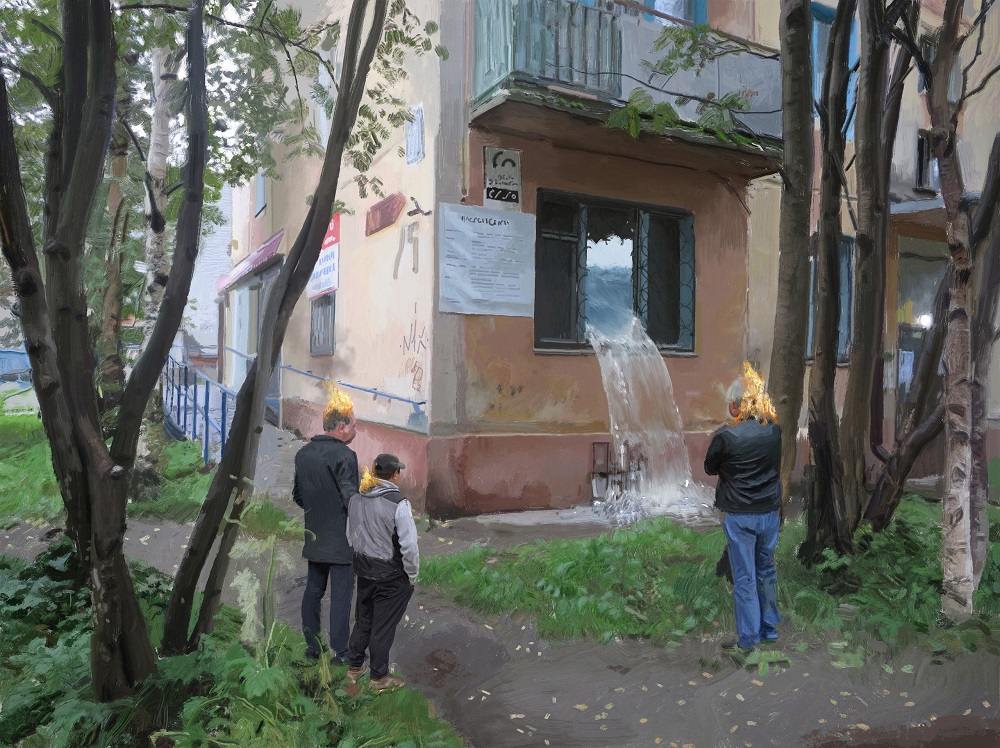 Заледеневший городской пейзаж с панельными домами в холодном свете