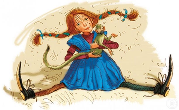 Рисунок Пеппи Длинныйчулок с обезьянкой на плече и поднятыми ногами