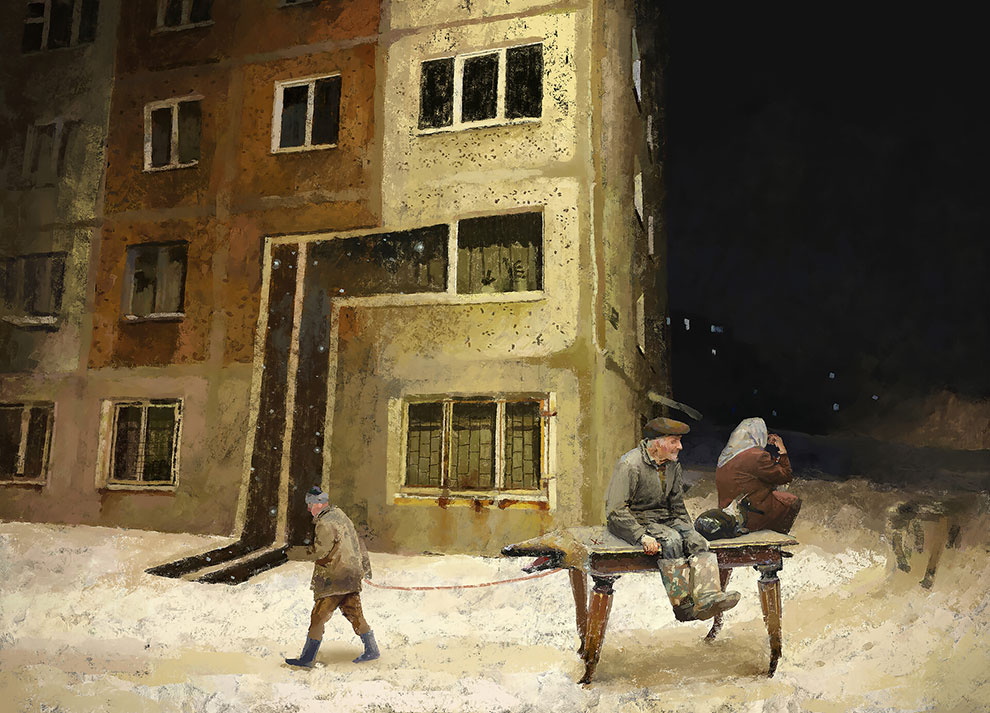 Ночной городской пейзаж с фонарём и панельными домами в тумане