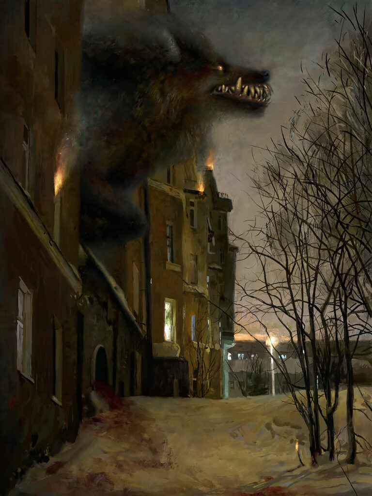 Ярко-красное существо на фоне серых хрущёвок в сумерках