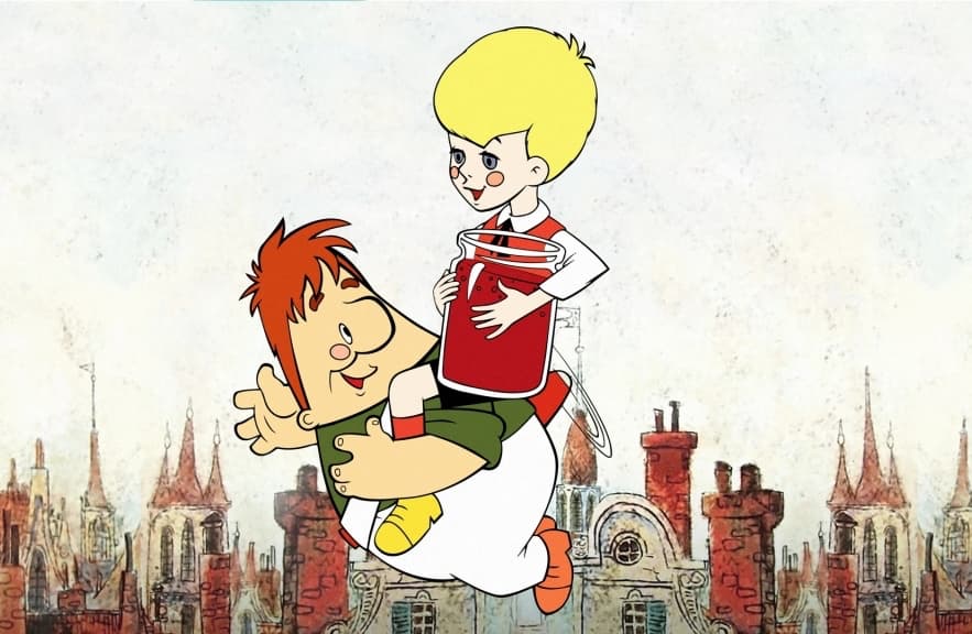 Мультфильм Малыш и Карлсон с Карлсоном, несущим Малыша с банкой варенья