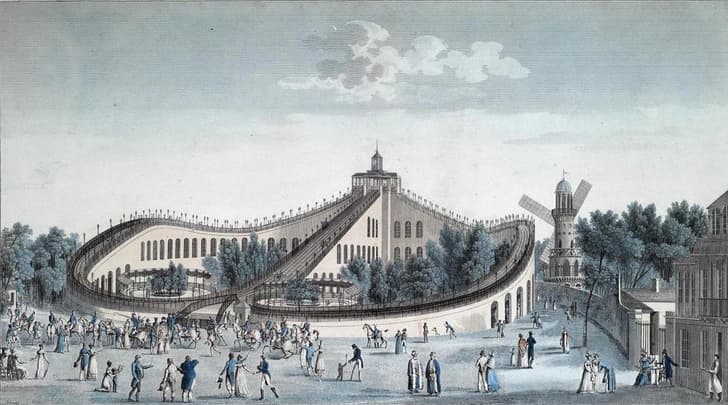 Старинная гравюра с аттракционом «Воздушные прогулки» (Les Promenades Aériennes) на Елисейских Полях в Париже в 1820 году