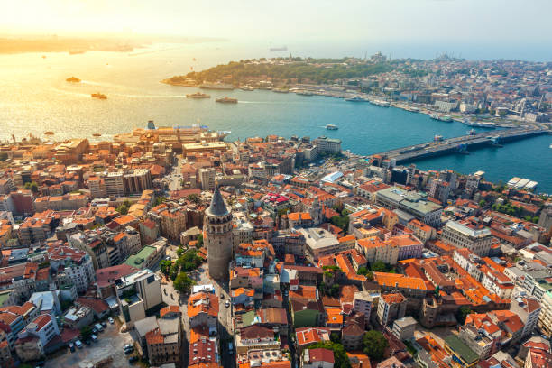Istanbul views from helicopter. galata tower in i̇stanbul.