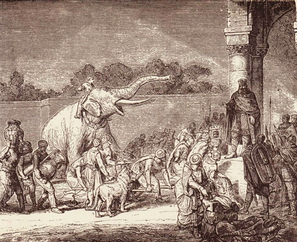 Иллюстрация 1878 года: дар халифа - слон Абу-ль-Аббас
