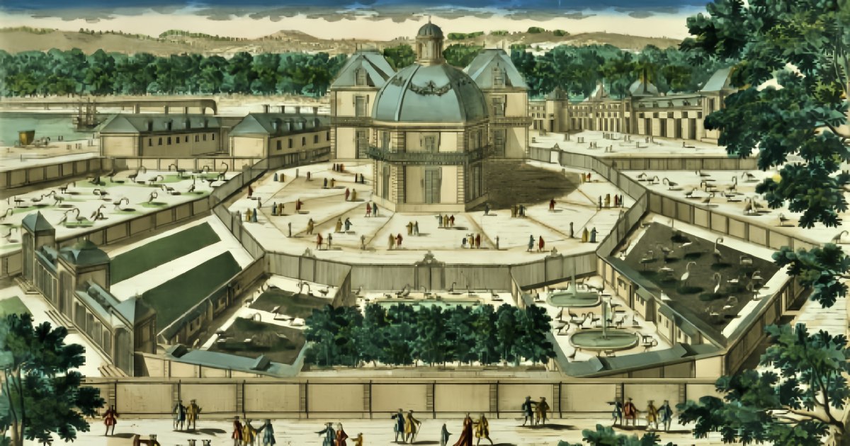 Гравюра с видом королевского зверинца в парке Версальского дворца