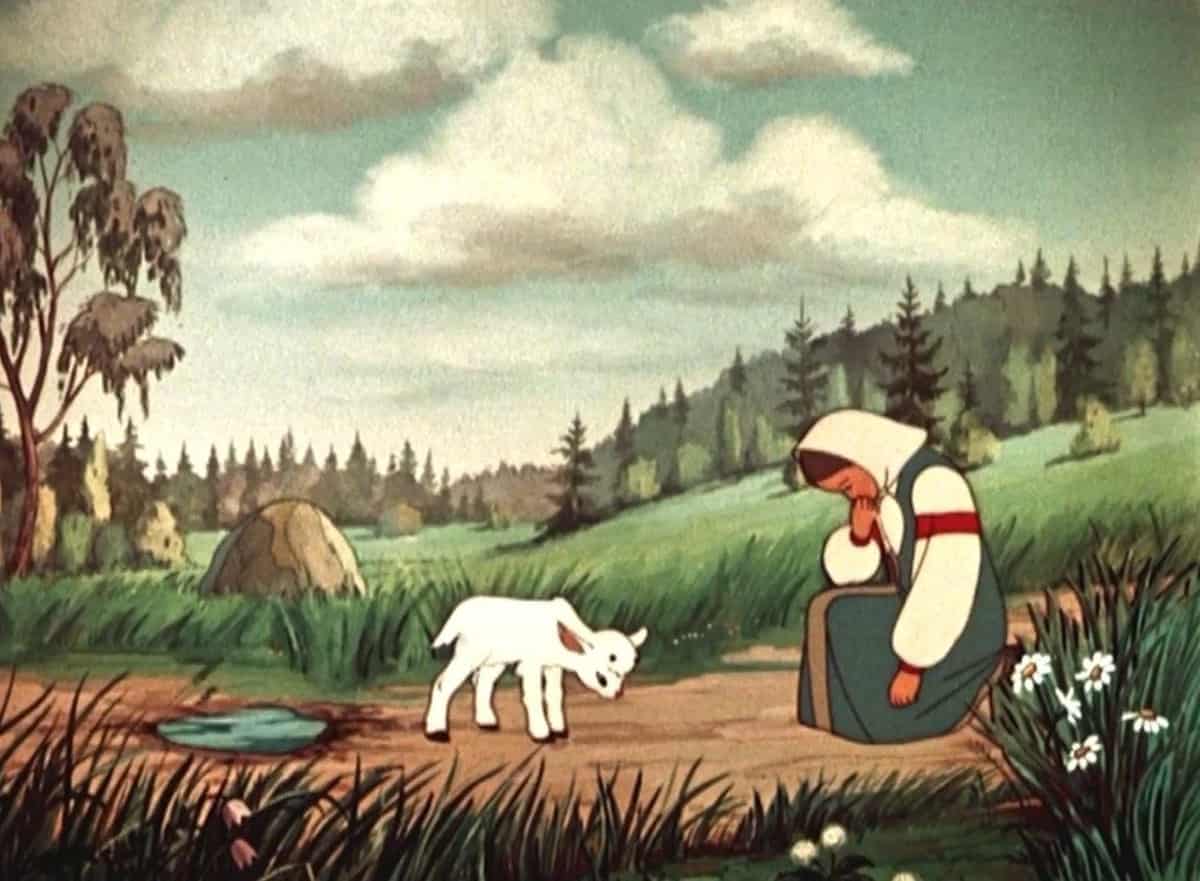 Иллюстрация к сказке Сестрица Аленушка и братец Иванушка с девушкой и козленком