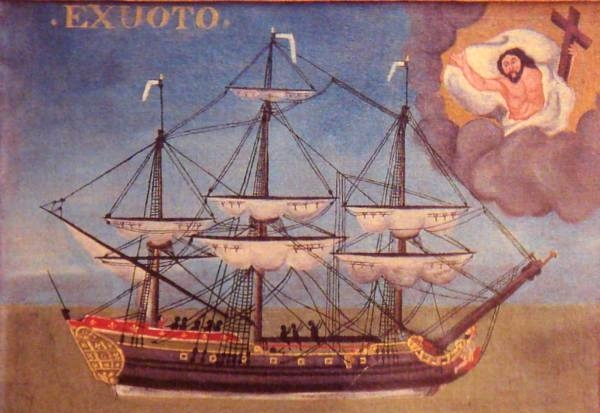 Старинный рисунок: корабль в море, символизирующая опасности плавания