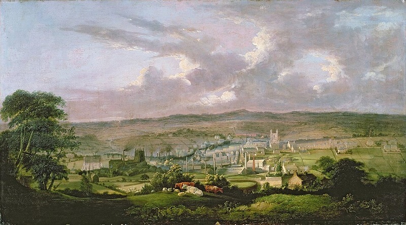 Панорамная живописная картина Брэдфорда середины XIX века: город на холмах с церквями и дымящими трубами