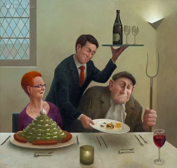 Пожилой мужчина пробует модное экзотическое блюдо картина Мариуса ван Доккума