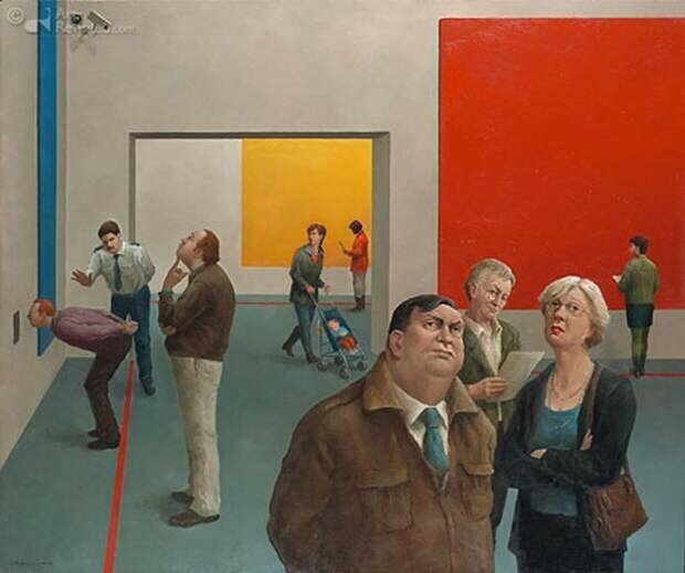 Пенсионеры с удовольствием рассматривают картины в галерее работа Мариуса ван Доккума