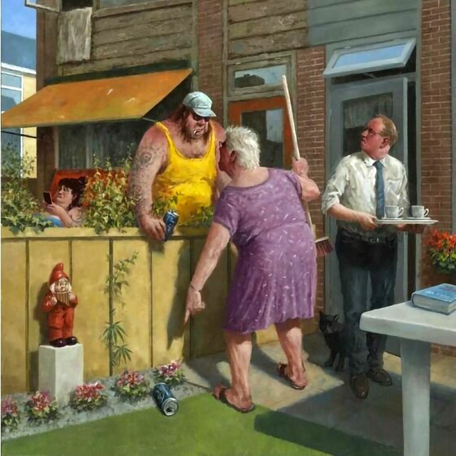 Юмористическая картина Мариуса ван Доккума Убери мусор с пожилой дамой и молодым хулиганом