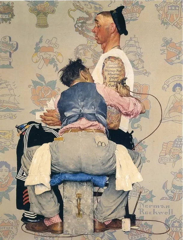 Татуировщик одна из ироничных сцен повседневной жизни от Norman Rockwell