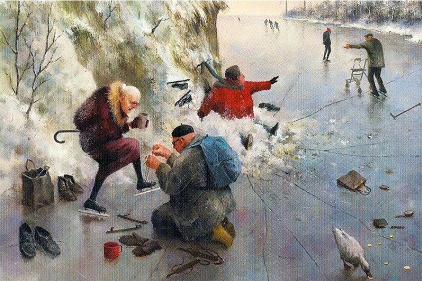 Пожилые люди катаются на коньках зимой картина Мариуса ван Доккума На катке