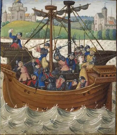 Средневековое морское сражение: пираты атакуют торговое судно у берега