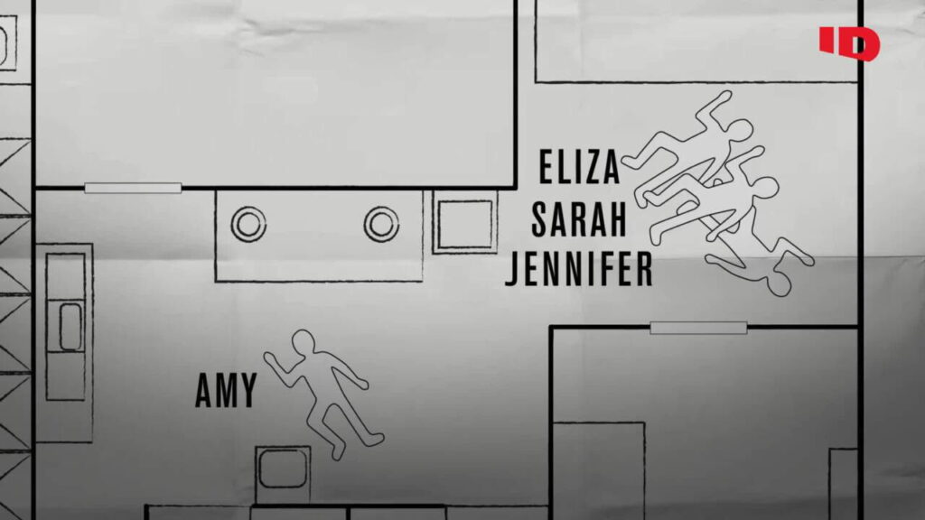 Схема расположения тел четырёх жертв убийства в йогурт-кафе Остина, декабрь 1991 года