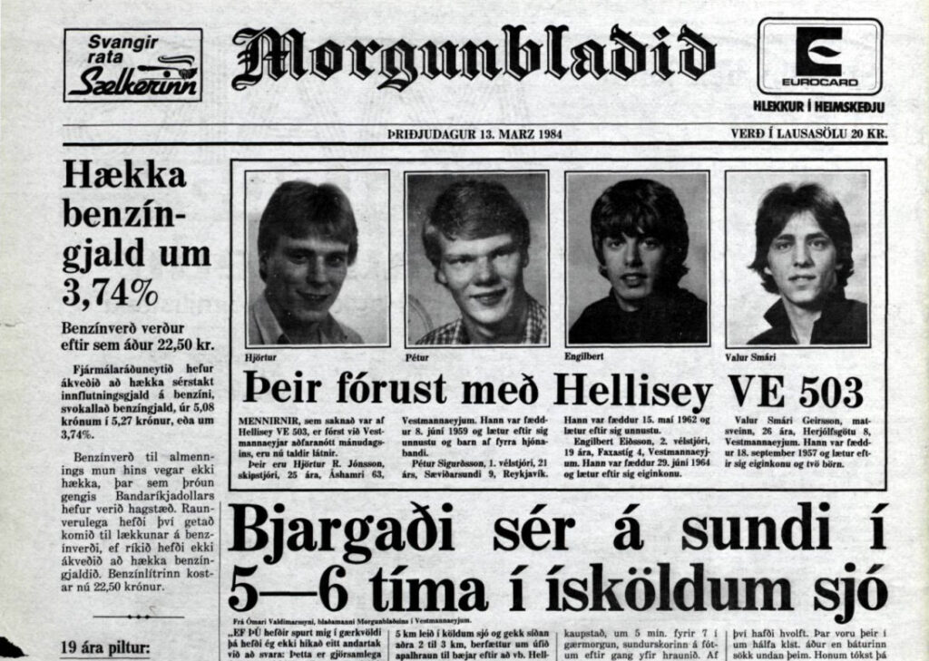 Исландская газета 1984 года с заголовком о гибели рыбаков с траулера Hellisey VE-503