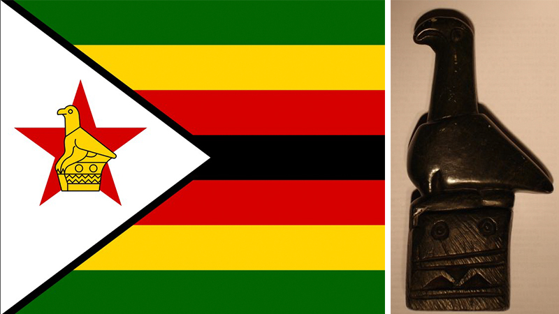 Флаг Республики Зимбабве с изображением птицы Зимбабве из мыльного камня