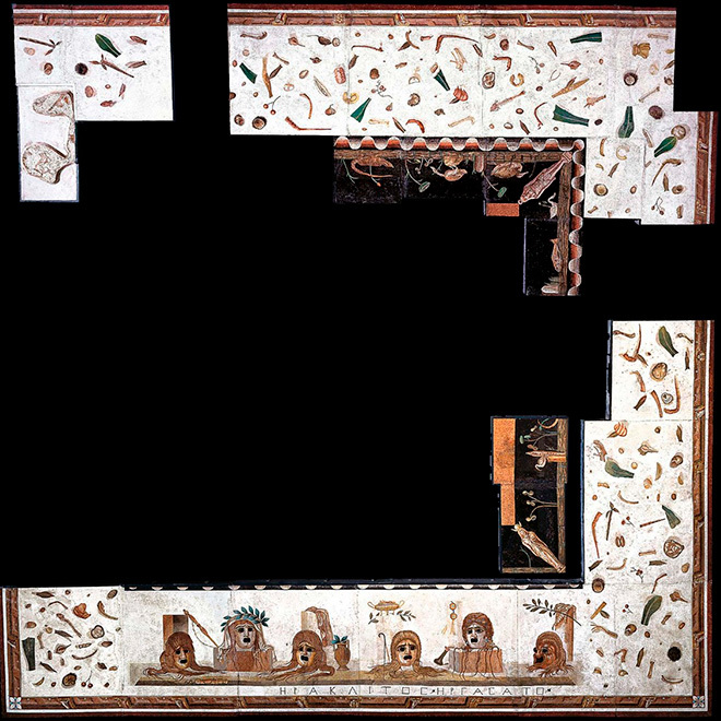 Мозаика asarotos oikos с мышью, грызущей орех, и реалистичными тенями от лампы