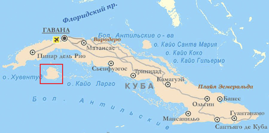 Карта Кубы с выделенным островом Хувентуд (Пинос) к югу от основного острова