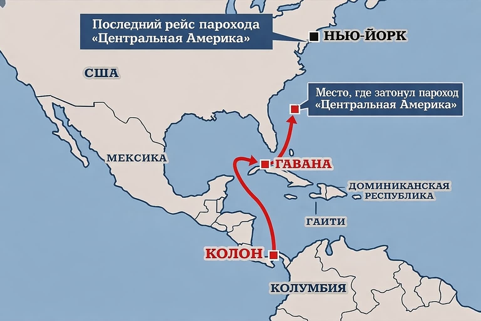 Схема последнего рейса парохода Центральная Америка &mdash; маршрут из Панамы до места гибели