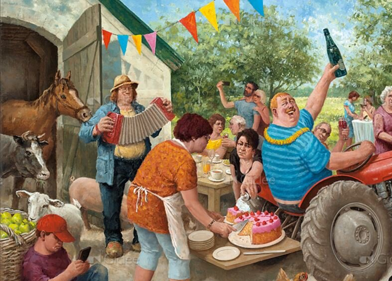 Веселый праздник во дворе с танцующими пенсионерами картина Мариуса ван Доккума