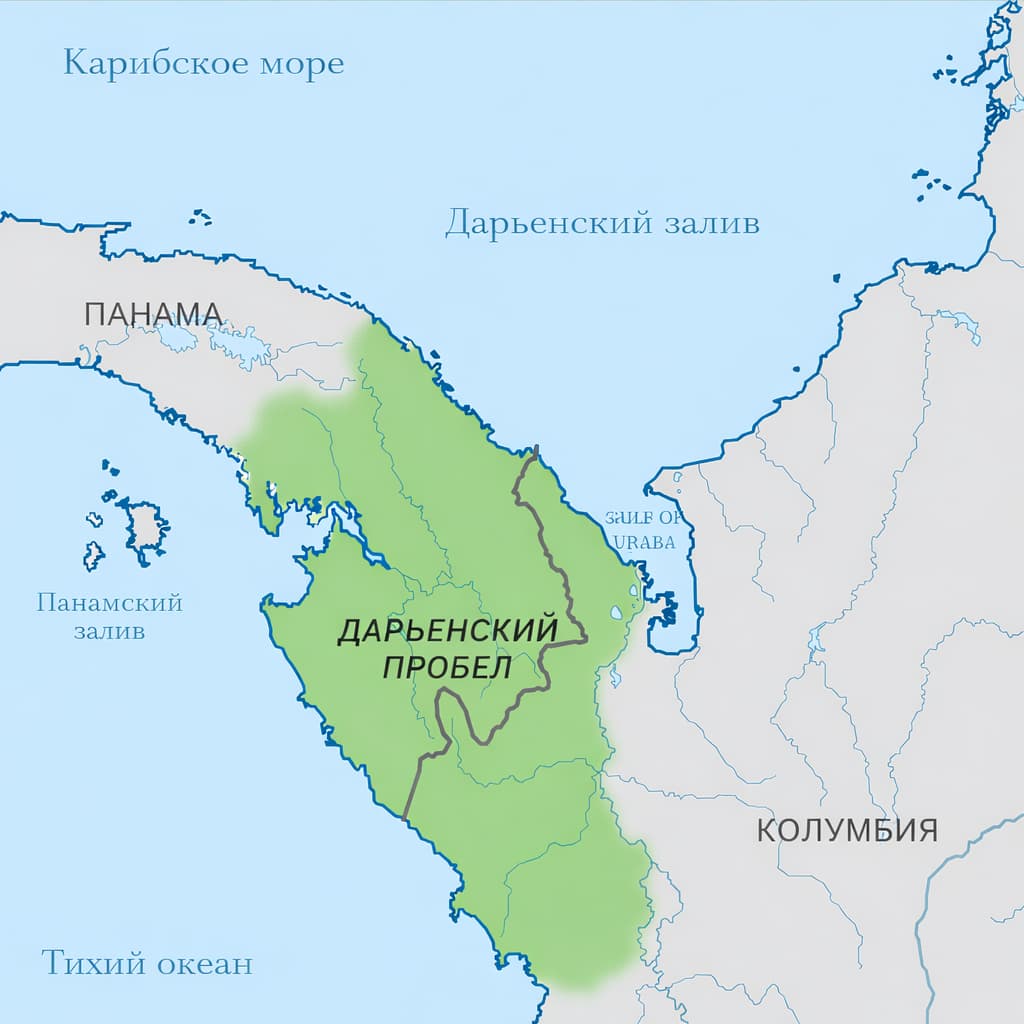 Карта Дарьенского пробела &mdash; единственного разрыва в Панамериканском шоссе на границе Панамы и Колумбии