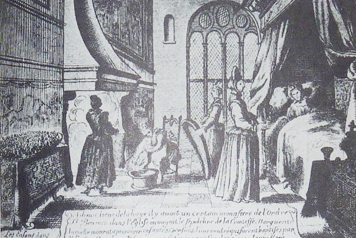 Гравюра XVII века: сцена родов и крещения множества детей в тазу