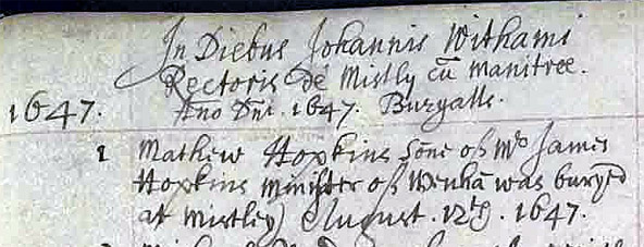 Запись о смерти и погребении Мэтью Хопкинса в приходской книге церкви Мистли, 12 августа 1647 года
