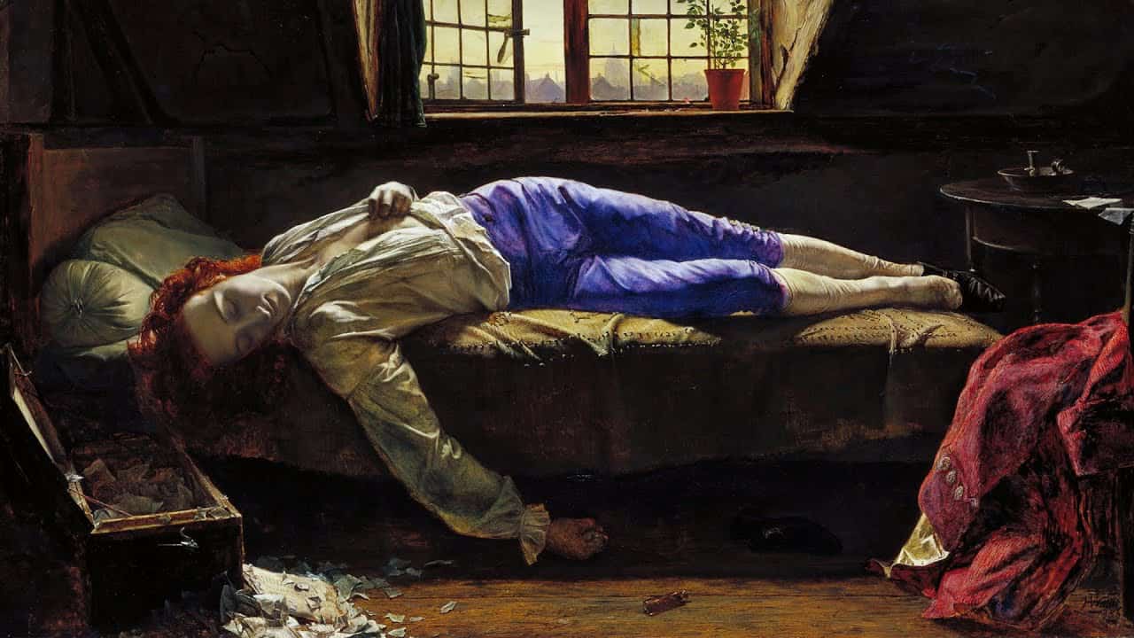 Женщина в викторианском интерьере лежит без сознания на кровати после отравления &mdash; картина в драматическом стиле